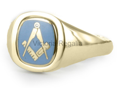 Masonic 9ct Gold Light Blue Square and Compass Ring with Reversible Cushion Head