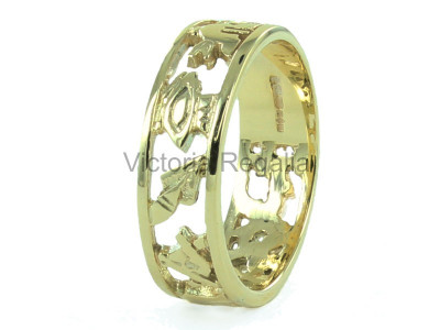 Masonic 9ct Gold Pierced Design Slim Band Wedding Ring 