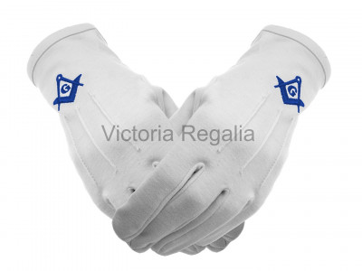  Cotton Gloves with Royal Blue Square Compass and G - Masonic
