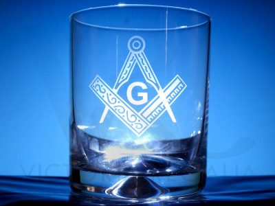 Whisky Tumbler Glass with Masonic Square, Compass and G Freemasons