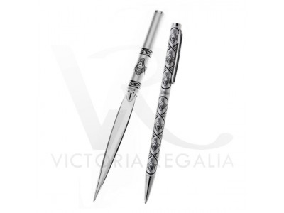 Masonic Pen Knife and Ball Pen Set in Matt Chrome with Square Compass and "G"