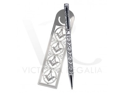 Masonic Ball Pen and Bookmark Set in Matt Chrome with Square Compass and "G"