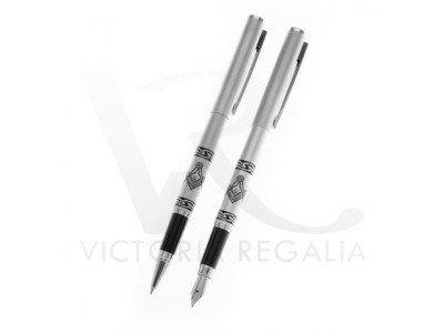 Masonic Rollerball and Fountain Pen Set in Matt Chrome with Square Compass and "G" - Set of Two