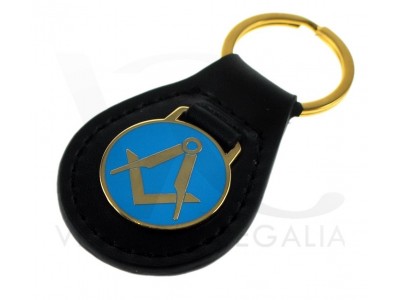 Masonic Pale Blue Key Ring With Golden Square & Compass in Black Leather