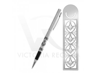 Masonic Roller-ball Pen and Bookmark Set in Matt Chrome with Square Compass and "G"
