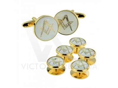 Masonic Cufflinks Set: White & Gold Effect Enameled with Square and Compass Including 5 Button Studs