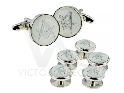 Masonic Cufflinks Set: White & Silver Enamelled with Square and Compass with "G" Including 5 Button Studs