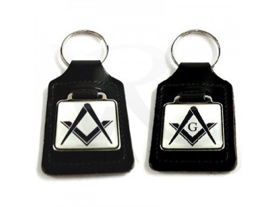 Porte-clés maçonnique (avec ou sans G) en cuir noir avec insert blanc