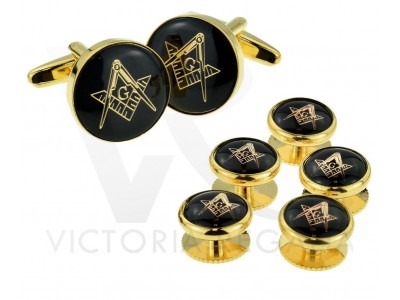 Masonic Cufflinks Set: Black & Gold Effect Enameled with G Symbol, Including 5 Button Studs