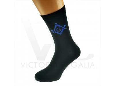 Masonic Mens Black Socks With Blue Square & Compass With "G"