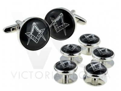 Masonic Cufflinks Set: Black & Silver Enamelled with Square and Compass, Including 5 Button Studs