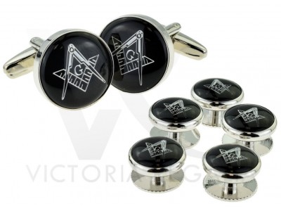 Masonic Cufflinks Set: Black & Silver Enamelled with G Symbol, Including 5 Button Studs