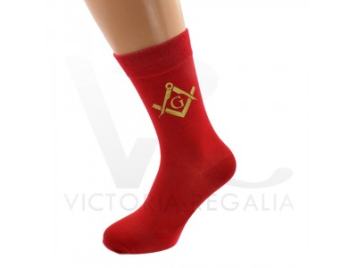 Masonic Mens Red Socks With Gold Square and Compass, With "G"