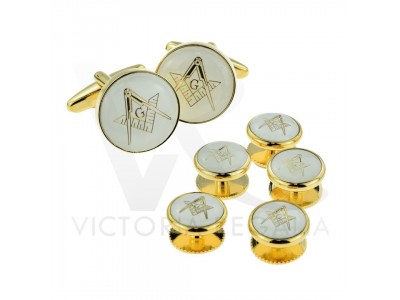 Masonic Cufflinks Set: White & Gold Effect Enameled with Square and Compass "G," Including 5 Button Studs