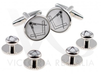 Masonic Cufflinks Set: White & Silver Enamelled with Square and Compass Including 5 Button Studs