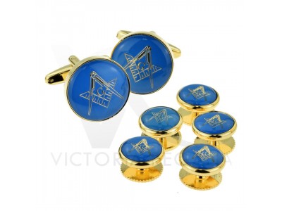 Masonic Cufflinks Set: Blue & Gold Effect Enameled with Square and Compass "G," Including 5 Button Studs