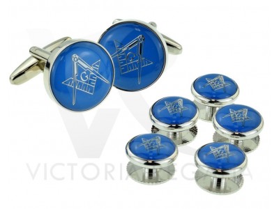 Masonic Cufflinks Set: Blue & Silver Enamelled with Square and Compass "G," Including 5 Button Studs